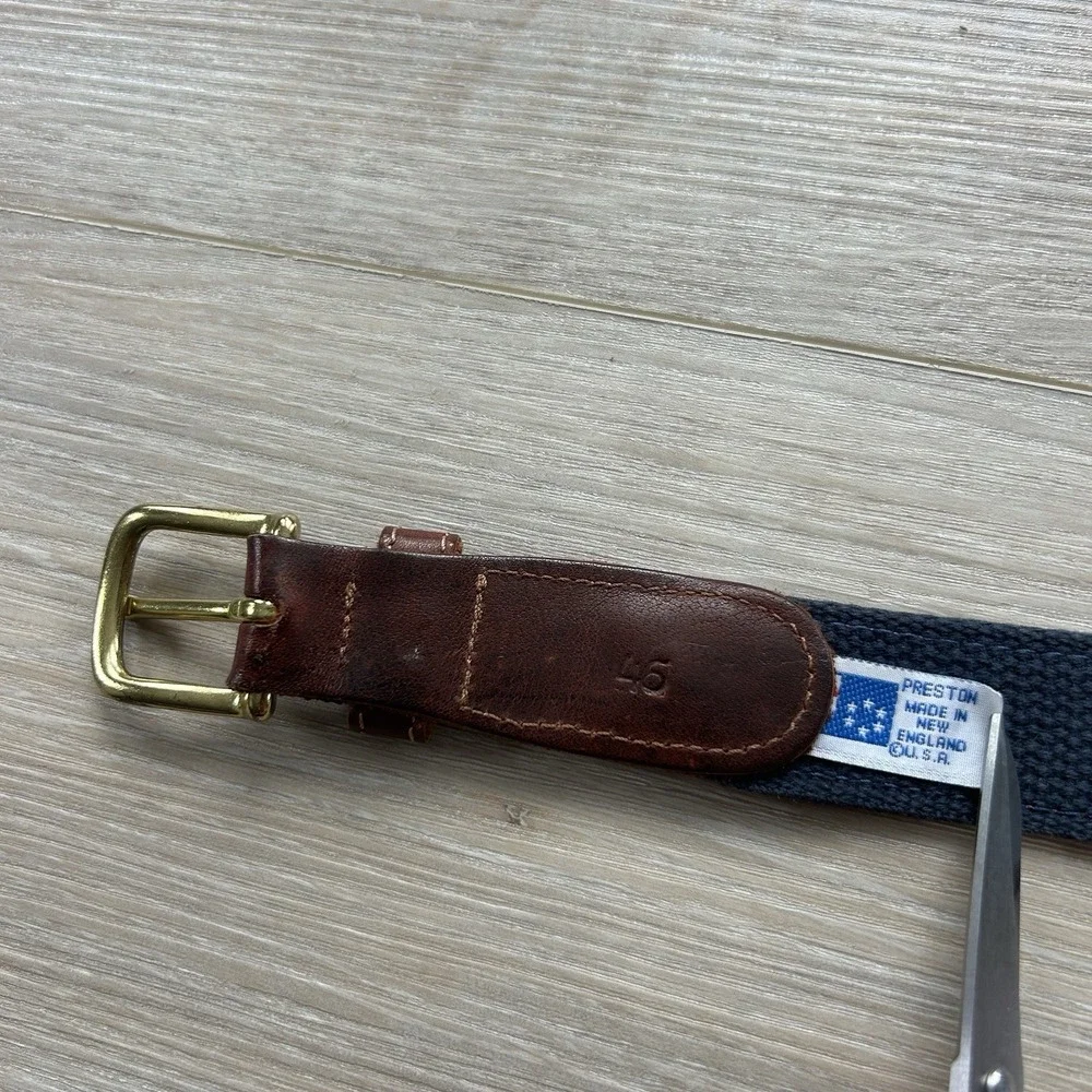 Preston Nautical Belt Sz 46 Made In New‎ England Brass Buckle Leather Canvas